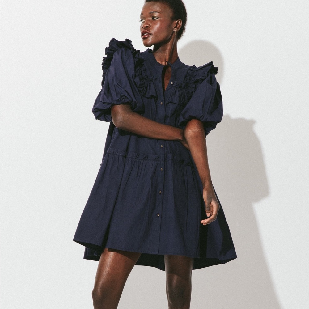Cleobella Navy Ruffle Puff-Sleeve Mini Dress